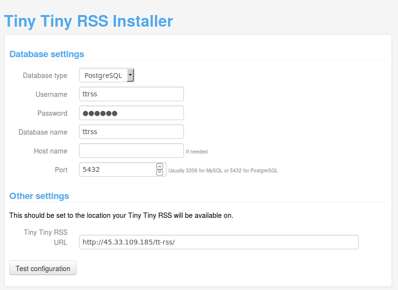 Tiny Tiny RSS Install Database Screen